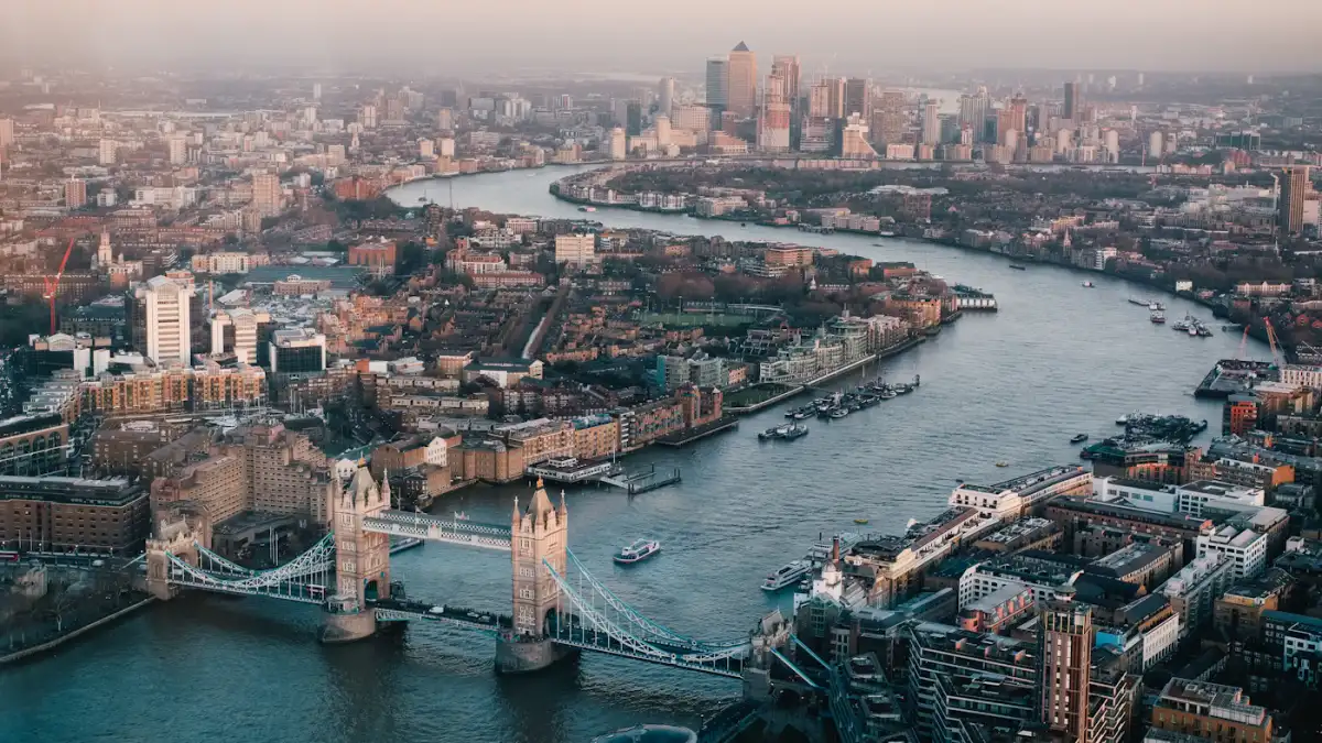 Aerial view of the River Thames and Tower Bridge in London
